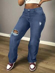 Women's Casual Loose Straight Leg Jeans, Paired With Distressed Decorations, Suitable For All Seasons, Suitable For Daily Outings, Parties, Back To School Season, Back To School Season, Rural Concerts,Winter Clothes For Women New Years Outfit Women Vacation Outfits Women Birthday Dresses For Women Y2k Pants Baggy Jeans Women - 深藍 - 查看 3