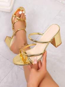 2026 Summer New Versatile Strap Buckle Sandals Women, Thick Heel Open Toe Sexy High Heels, Buckle Ankle Strap Mid Heel Commuter Style Bohemian Sandals - Gold - View 1