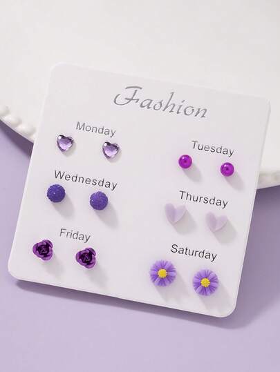 6 pares/set de pendientes de botón con flores de resina de colores, con diseños únicos y elegantes en forma de margarita y corazón, para uso diario, regalo de playa para mujeres