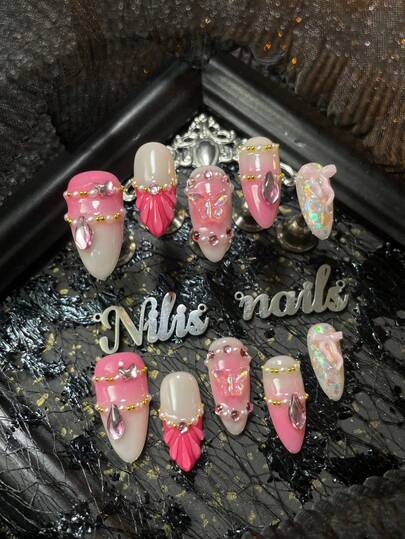 10pcs Almonds Nail Acrylic Kit,Light Pink&White Nails,Light Pink Tie Dye,Pink French Style,3D Stereo Colored Diamonds&Pearls&Butterflies&Steel Balls&Bows Nail Accessories Decoration,Hand Drawn 3D Stereo Water Droplets Patterns,Y2K Style Nail Art Set,Suitable For Women And Girls,Festivals,Daily, Party, Gatherings And OtherPlaces Use(Includes: A Piece Of Jelly Glue And A Friction Strip) Nail Stuff