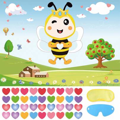Valentines Day Games - Pin The Heart On The Bee With 36 Heart Stickers Valentines Day Games For Boys, Girls Ang Adults Classroom Party Pin Game With Reusable Heart Stickers