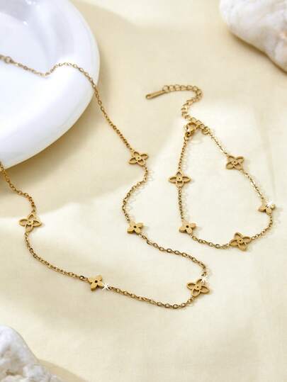 TONSI 1pc/Set Fashionable Luxury Vintage Elegant Stainless Steel 18K Gold Plated Cross & Four-Leaf Flower Pendant Necklace & Bracelet, Suitable For Holidays, Daily Wear, Work, Parties, Gatherings - Women Jewelry