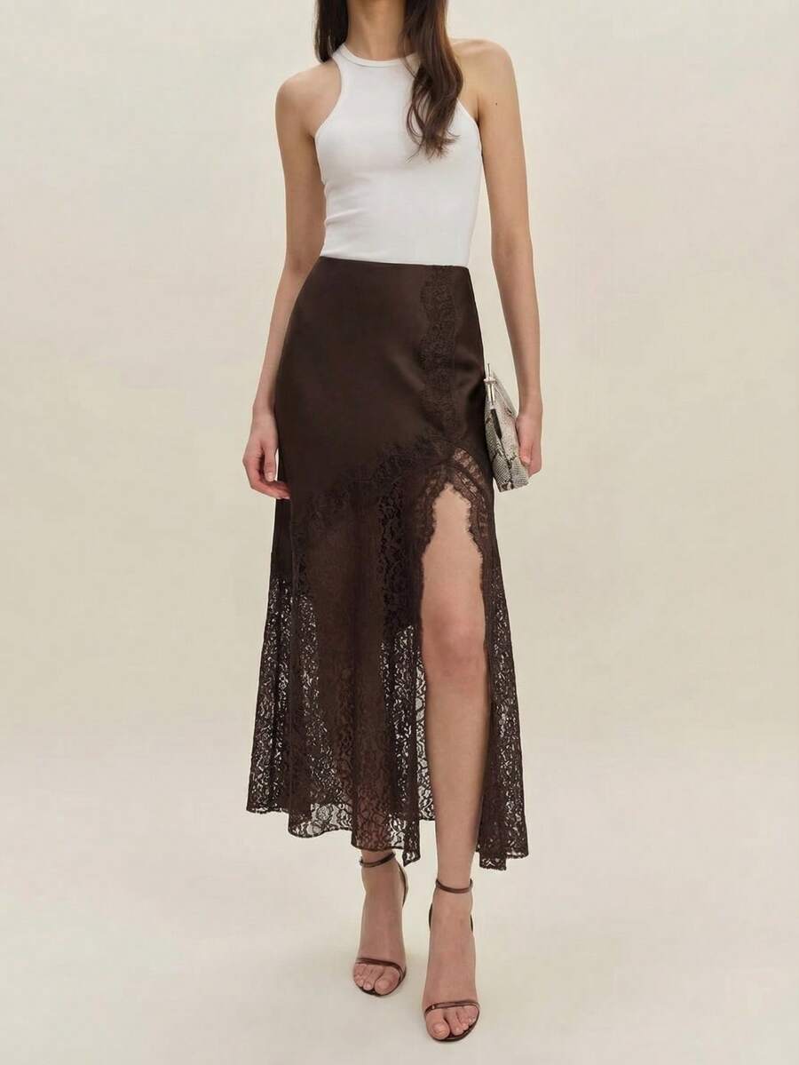 Women's Elegant Satin & Lace Patchwork High Waist Split Maxi Dress - Brown - View 1