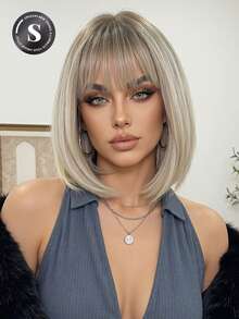 12 Inch Short Straight Hair Golden Wig,150% Density Lightweight Breathable Synthetic Hair Wig With Bangs ,Straight Light Brown Rose Net Cap For Women, Natural Look For Music Festivals, Elegant Bob Wig For WomenParties & Casual Attire - Unique Gift Idea,Short Straight Synthetic Hair With Side Part - Gold - View 1