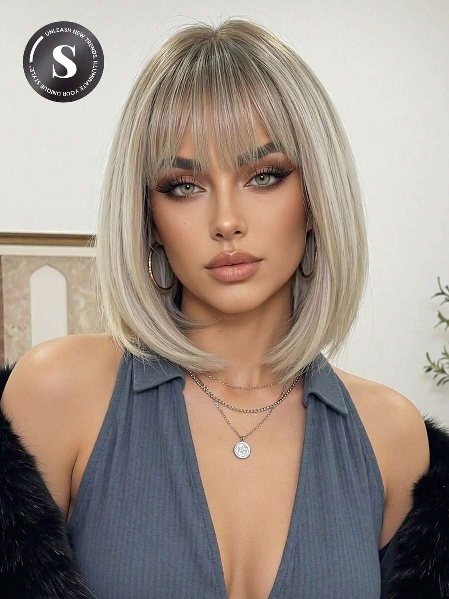 12 Inch Short Straight Hair Golden Wig,150% Density Lightweight Breathable Synthetic Hair Wig With Bangs ,Straight Light Brown Rose Net Cap For Women, Natural Look For Music Festivals, Elegant Bob Wig For WomenParties & Casual Attire - Unique Gift Idea,Short Straight Synthetic Hair With Side Part - Gold - View 1