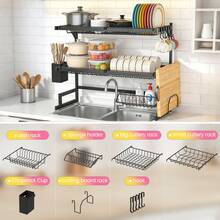 Haboqo The Sink Dish Drying Rack - 2 Tier Large Capacity Stainless Steel Drainer With Cutlery & Utensil Holders, Kitchen Storage & Organization,Dishes Rack Kitchen Storage Organizer Space Saving Metal Drying Rack For Kitchen And Family Use - 黑色 - 查看 3