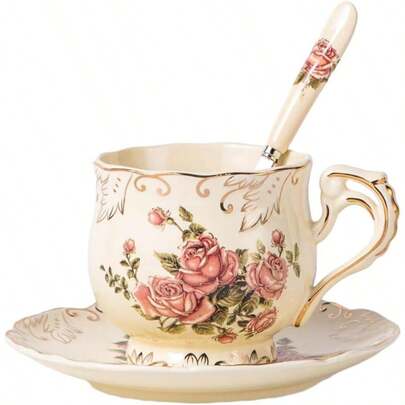 YOLIFE Fine China Tea Cup And Saucer Set - Elegant Ivory & Pink Rose Tea Service, Dinner Ware, Collectible Gift Boxed (Compatible With YOLIFE Teapot) For Decor, Wedding,) 200ml