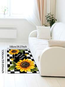 Tapete de chão com estampa xadrez de girassóis amarelos e pretos, estilo retrô moderno e detalhes decorativos retangulares em pelúcia macia com a inscrição "Home Sweet Home" (Lar Doce Lar). Antiderrapante, ideal para decoração de quartos no verão ou para momentos de descanso no dia a dia. - Multicolorido - Ver 1