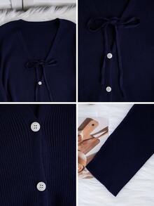海军蓝V领极简系带纽扣开衫，优雅百搭的长袖针织衫，适合女士外出、约会、圣诞节、春节等场合。 - 藏蓝色 - 查看 8