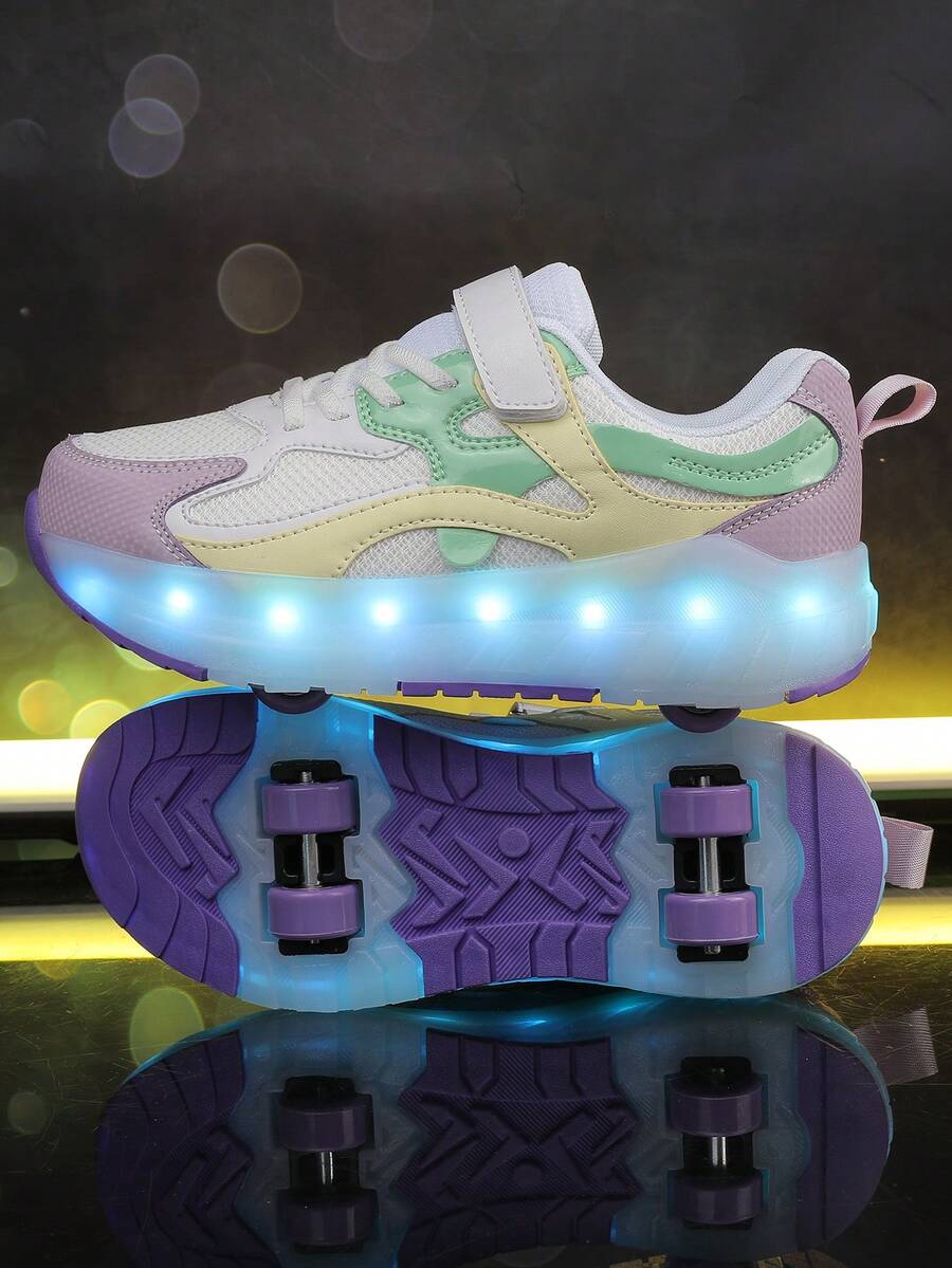 青少年轮滑鞋，带轮鞋，四轮轮滑鞋，小型四轮鞋，带LED充电发光功能的鞋子 - 紫色 - 查看 1
