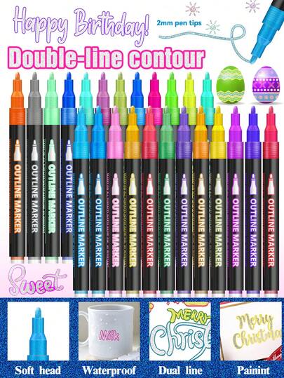 8/12/24/36/48色套装梦幻双线轮廓笔，DIY荧光轮廓笔，学生绘画双色马克笔，贺卡闪光笔，剪贴簿荧光笔，彩色金属笔尖马克笔