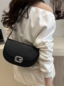 New Fashionable Luxury Versatile Rhinestone Magnetic Clasp Women PU Shoulder Crossbody Bag - Black - View 4
