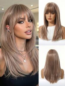 18英寸金色假发，女士自然逼真合成假发，带刘海，中长直发，适合日常佩戴和派对场合 - 彩色 - 查看 13