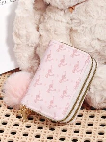 Avec un pompon, portefeuille polyvalent à motif nœud rose et amour, porte-cartes à double fermeture éclair, organisateur de cartes multi-cartes pour ranger les cartes de crédit - Rose bonbon - Voir 4