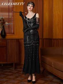 Đầm dạ hội dài tay ngắn cổ chữ V đính sequin và hạt cườm kiểu Jazz thập niên 1920, thích hợp cho tiệc tùng, đám cưới và các dịp khác, cỡ lớn dành cho nữ, thời trang toàn cầu. - màu đen - Xem 3