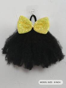  1pc Synthetic Natural Black Hair With Bow Clip Kids Exploding Curl Ponytails For Halloween & Daily Wear - Black - View 3