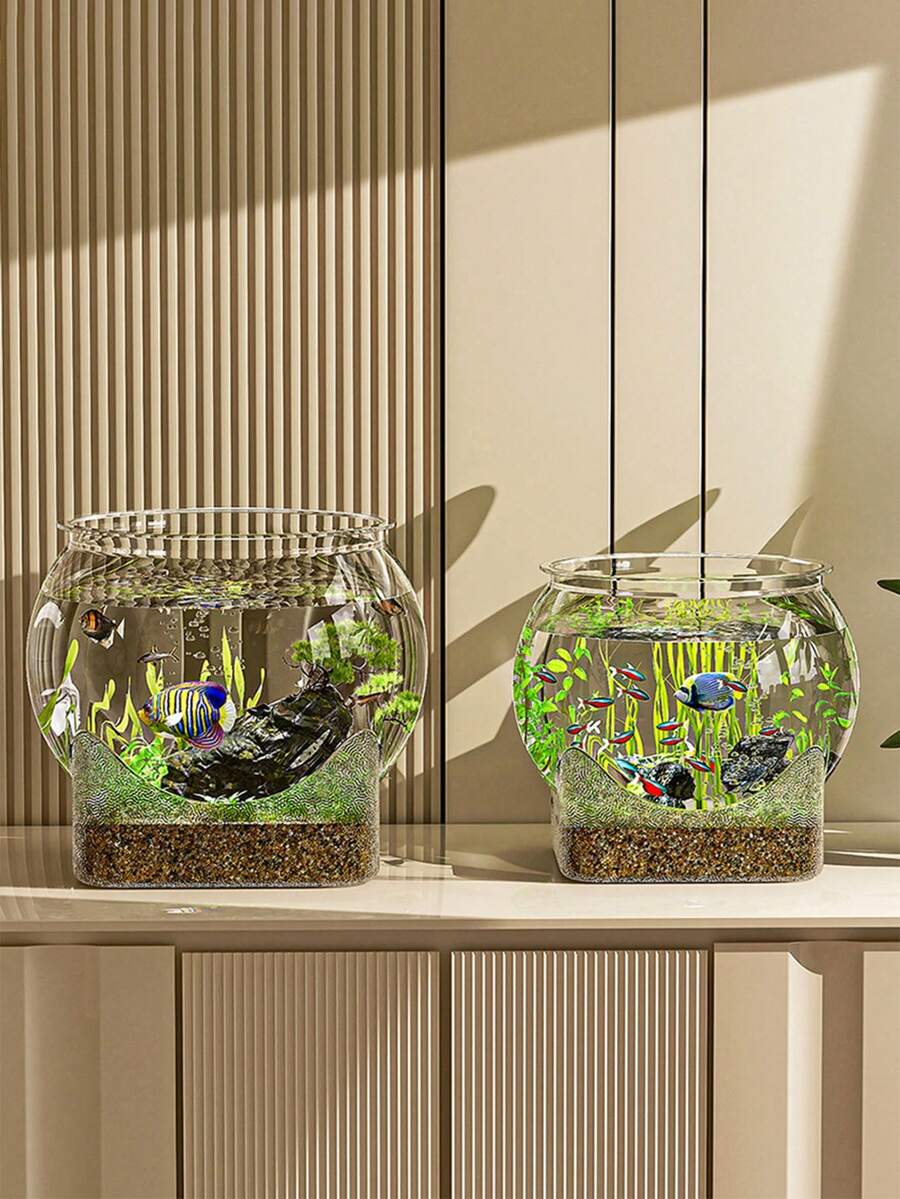 1pc Sturdy Transparent Round Fish Tank, Unbreakable & Anti-Tipping Desktop Aquarium Suitable For Turtles & Small Fish, Natural Stone Design, Multifunctional Indoor/Outdoor Decorative Fish Tank