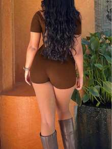 Vaiaye Women's Sexy Criss-Cross Backless Frenum Jumpsuit,Round Neck T-Shirt Bodysuit,Women's Gym Clothes ,Suitable For Daily Wear, Commute Daily - Brown - View 7