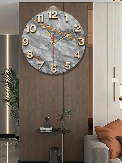 1 Stück moderne Marmor-Textur Holz Wanduhr, goldene Zeiger, geräuschlos ohne Ticken, große gut lesbare Ziffern, goldene Akzente auf Marmor-Textur, römische Zifferblatt, geeignet für Wohnzimmer, Schlafzimmer, Büro Dekoration, luxuriöses minimalistisches Schwarz & Gold Design
