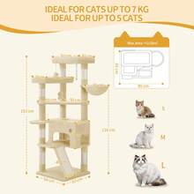 HaluPeit Cat Tree, 153 Cm, Spacious And Stable, With 6 Scratching Posts, 1 Comfortable Large Cat House, 3 Large Platforms, Cat Basket, Pom-Poms, Scratching Board, Beige - Beige - View 9