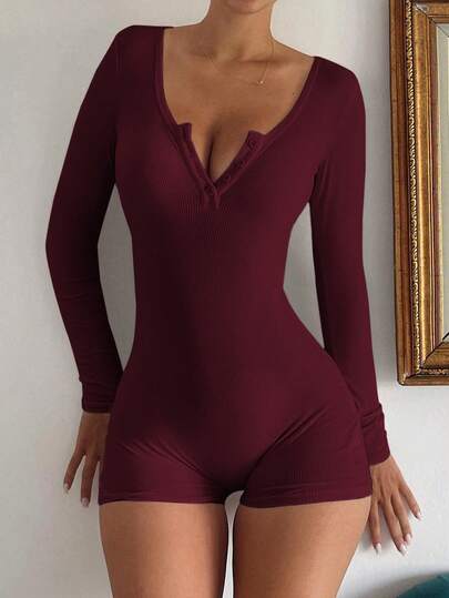 Vaiaye Kadın V Yaka Düğmeli Düz Renk Minimalist Tulum - Dar Kesim Uzun Kollu Kısa Tulum, Fitness, Seksi ve Çok Yönlü Açık Hava Sporları, Noel, Yılbaşı, Mezuniyet Töreni, Okula Dönüş Sezonu, Sonbahar/Kış Örme Tulum