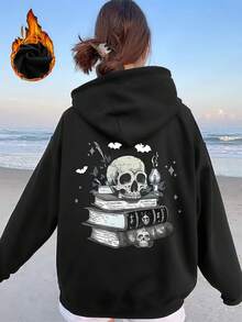 Oversized Hoodie For Women, Skull - Books - Bats Graphic Print, Cotton, Halloween - Inspired, Comfortable For Fall, Streetwear Style - màu đen - Xem 1