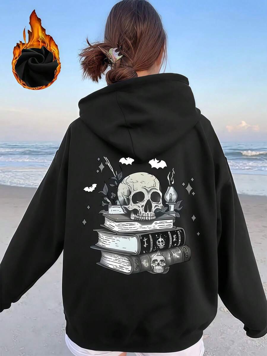 Oversized Hoodie For Women, Skull - Books - Bats Graphic Print, Cotton, Halloween - Inspired, Comfortable For Fall, Streetwear Style - màu đen - Xem 1