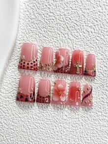 10pcs Orange Series Nail Art Set, Includes: Press-On Nail Stickers, French Manicure Stickers, Leopard Print Decorative Stickers, 5-Petal Flower Stickers, Cross Nail Decals, Gradient Blush Nail Stickers, Gold Glitter Nail Polish, And Matching Tools. Available In Coffin, Almond, And Pointed Shapes. Suitable For Parties, Holidays, Autumn/Winter, And Photo Shoots. Nails Handmade Press On Nails - 彩色 - 查看 11