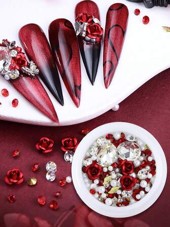 Valentines Day Luxury Red Rose Flowers Nail Art Accessories With Big Rhinestones Beads For Nails Decoration DIY Manicures Jewelry ﻿