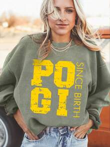 Valentine Outfits For Women, POGI Since Birth Graphic Print, Casual Crew Neck Sweatshirt, Cozy Streetwear,  Everyday Style,Essentials Hoodie,Summer Outfits For Women,Spring Tops - 綠色 - 查看 1