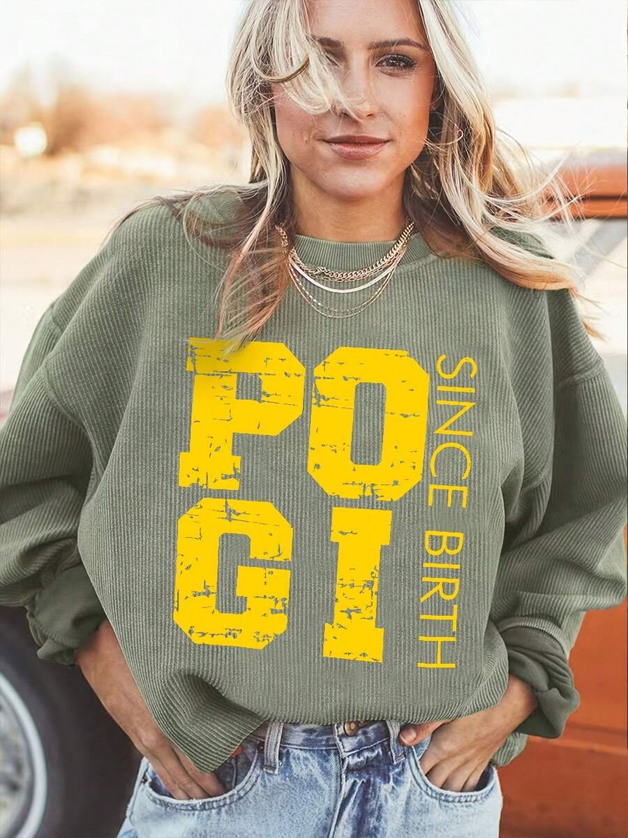 Valentine Outfits For Women, POGI Since Birth Graphic Print, Casual Crew Neck Sweatshirt, Cozy Streetwear, Everyday Style,Essentials Hoodie,Summer Outfits For Women,Spring Tops - 綠色 - 查看 1