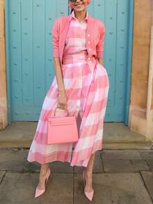 Elegant Checkered Shirt Midi Dress - 粉色 - 查看 2