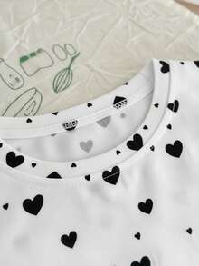 1pc Girls Cute Heart Print Short Sleeve T-Shirt, Versatile, Spring/Summer New Arrival - White - View 3