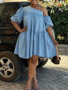 Women's Light Blue One-Shoulder Off-The-Shoulder Mini Dress - Puff Sleeve & Tiered Ruffle Skirt Detail | Casual Playful Style For Weekend Shopping Trips (Relaxed Silhouette & Eye-Catching One-Shoulder Design) For Effortlessly Stylish Looks - Màu xanh lam - Xem 4