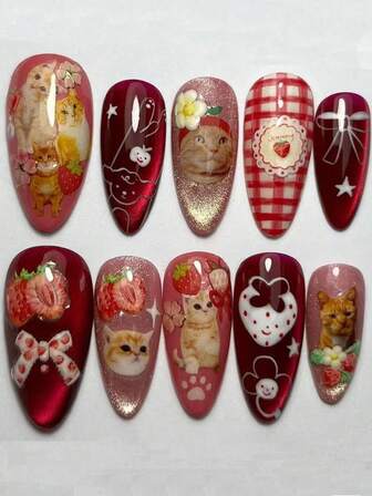 Monina 24 st söta jordgubbskatter mandelformade lösnaglar, vintage söt orange katt blommigt rutigt lekfullt fräscht studentflicka nageldekor, daglig manikyr