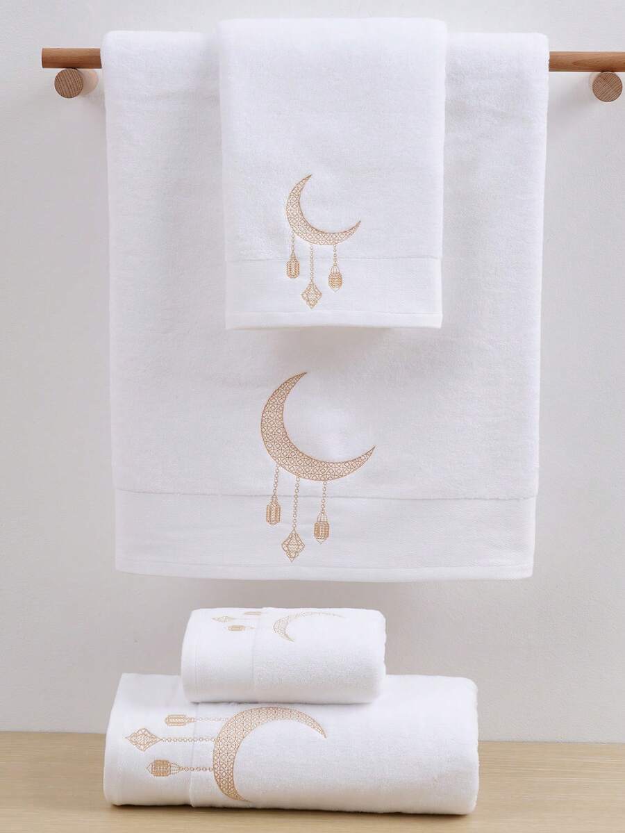 QIBHI 1/3件可選,純棉純色刺繡歐式風格100%純棉1件浴室毛巾或1件浴巾,居家全棉吸水柔軟優雅極簡浴室毛巾,居家必需品,毛巾,護膚 - 白色 - 查看 1