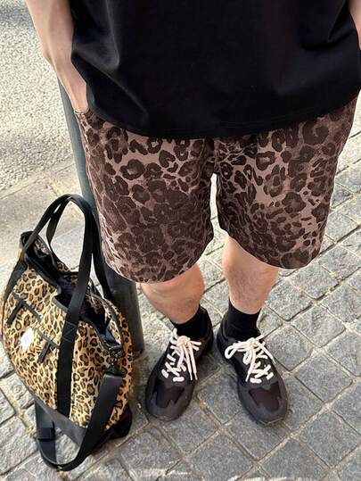 Men's Leopard Print Shorts, Lightweight Silky Drawstring Waist Loose Straight Leg Pants, Fashionable Y2K Retro Style, Suitable For Daily Wear, Commute, Party, Vacation, Casual, Outdoor, Evening Date, Hiking, Sports, Street Casual