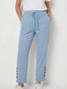 Women's Casual Elastic Waist Drawstring Pocket Pants - Lightweight Summer Button Detail Lace Cropped Pants - Blue - View 2