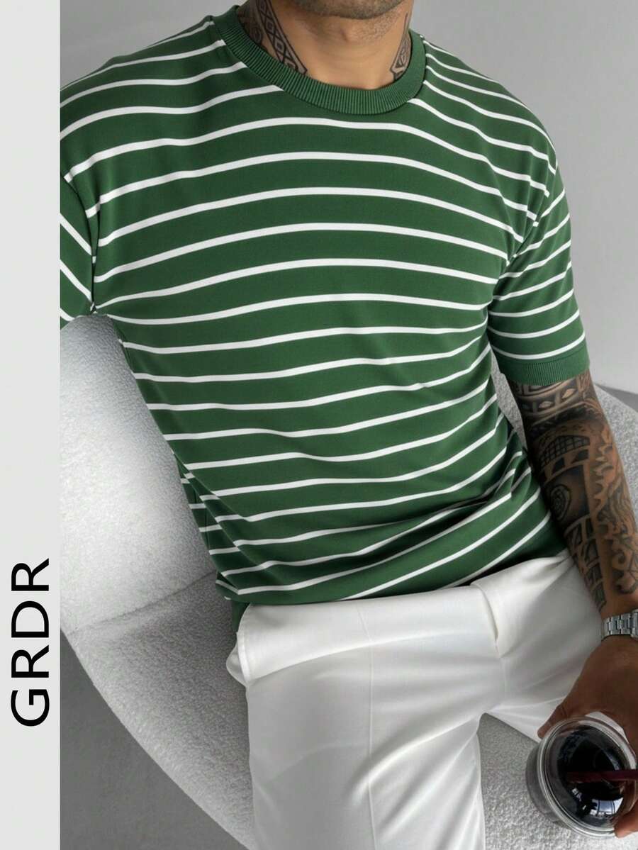 GRDR 男士夏季针织短袖衬衫，条纹时尚短袖，适合夏季休闲聚会，必备时尚单品 - 綠色 - 查看 1