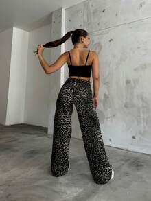Women's High Waist Leopard Print Wide Leg Loose Casual Pants - Grey - View 3