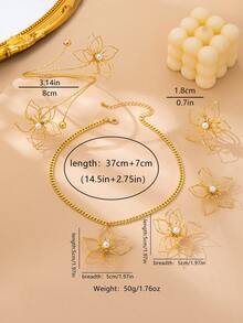 1 Set Fashionable & Elegant Geometric Hollow Line Floral Rhinestone Bracelet & Ring Jewelry Set, Suitable For Vacation, Party Wear, Gift - Gold - View 4
