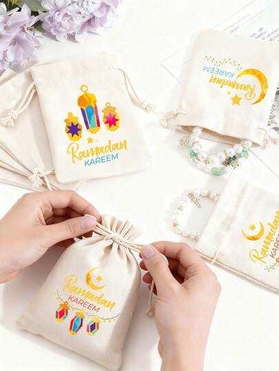 6 st Ramadan Kareem linnepresentpåse, dragskopåse med månlyktadesign, presentpåse, presentförpackningspåse, förvaringspåse, islamisk muslimsk festgåva, EID Mubarak-dekorationer, Eid Al Adha-present, Ramadan Kareem-festtillbehör, Ramadan Mubarak-dekorationer, Ramadan-dekorationer för hemmet, organisering och förvaring