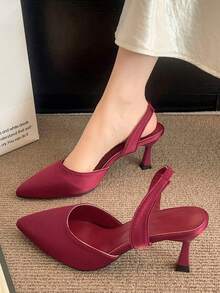 Fashionable Solid Color Pointed Toe Slip-On Stiletto Heels, Versatile Elegant High Heels For Women - Red - View 2