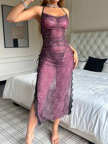 2pcs Sexy Lingerie High Slit Mesh Leopard Print Camisole Long Nightgown - Hot Pink - View 2