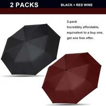 Two Packs Auto Open & Close Small Travel Umbrella Compact For Backpack-Umbrellas For Rain, Lightweight Strong Mini Portable Umbrellas For Men And Women. (Black & Wine Red, 2 Pack),42Inch-2Packs,Black&FWineredss - 黑酒紅色 - 查看 3