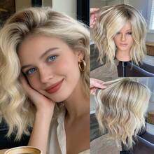 自然网状假发 13x4 蕾丝前假发 合成假发 棕色带灰金色挑染 角色扮演派对日常佩戴 柔软耐热 短款波波头 棕色蜂蜜金渐变蕾丝假发 透明小号/大号帽 - 彩色 - 查看 14