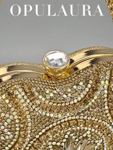 Túi xách cầm tay dự tiệc sang trọng hình trái tim đính pha lê vàng OpulAura, khóa cài pha lê, thích hợp cho tiệc chiêu đãi, tiệc cưới, dạ hội, ngày Valentine, món quà lý tưởng dành cho phụ nữ. - Vàng - Xem 7