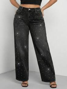 Jeans rectos de pierna larga y talla grande para mujer con detalles de strass, denim negro con botón, cremallera y bolsillos - Negro - Ver 9