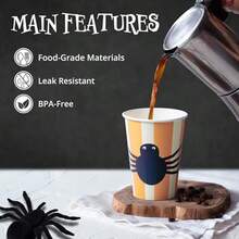 Vasos desechables para fiesta de Halloween, paquete de 50 unidades, resistentes a fugas, tazas calientes y frías de 12 onzas para restaurantes y fiestas, murciélagos, negro y plateado - Araña, rayas blancas naranjas - Ver 6