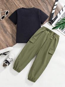 2pcs/Set Young Boys Cartoon Print Black Short Sleeve Top + Casual Cargo Pants - Black - View 2